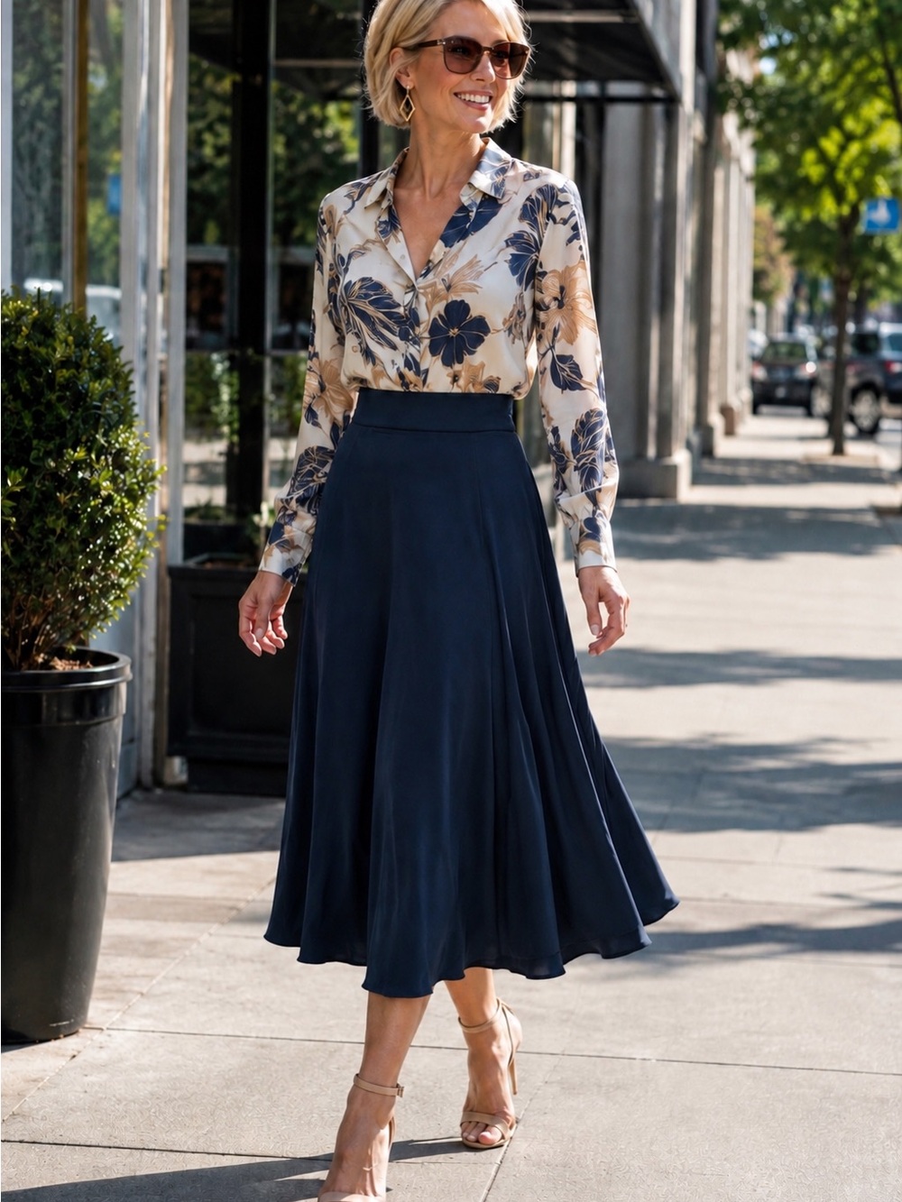 Cabi Navy A-line seamed flowy long knit skirt